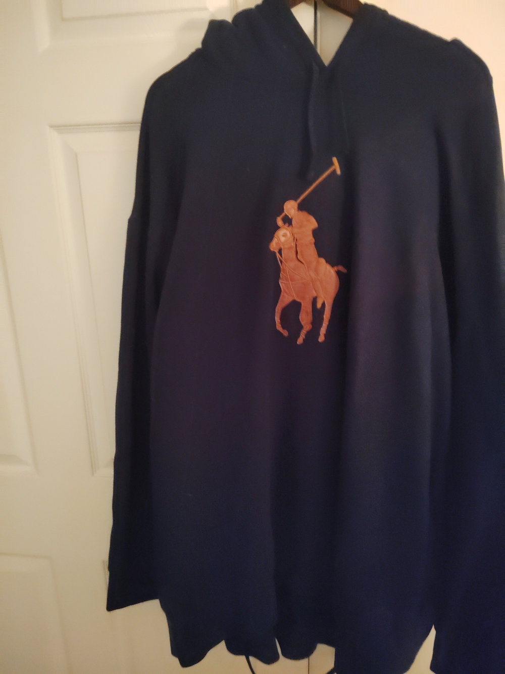 Ralph Lauren Polo Navy Blue Hoodie With Brown/Tan Leather Polo Emblem Size 6xl